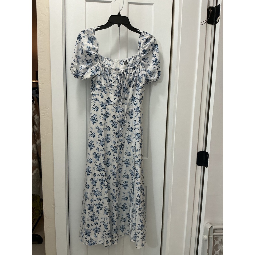 Shein Blue White Floral Puff Sleeve Midi Dress Square Neck Slit Cottagecore S